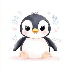 Obraz premium Adorable cartoon penguin character with big eyes and a cute smile, surrounded by pastel flowers. Perfect for children's designs.