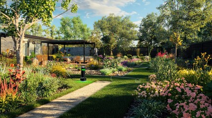 A backyard with a smart gardening system that monitors plant health, adjusts water and nutrient levels automatically