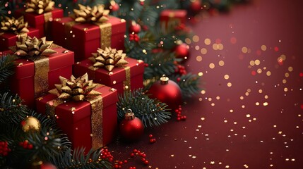 Christmas banner. Realistic gold gift box with red bow, pine branches, golden stars and glitter confetti. Xmas background, cover, poster, greeting cards, headers website.