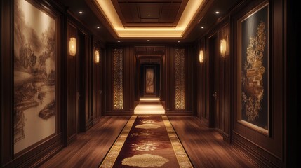 An opulent hallway adorned with traditional Asian art