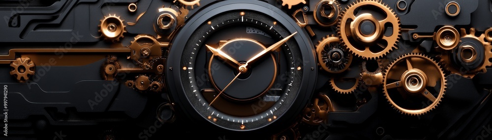 Poster steampunk clockwork precision: a mesmerizing close-up of an intricately designed steampunk clock, sh