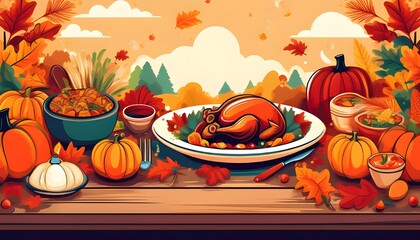 Thanksgiving Day Background with Roasted Chickend and Many Objects. Happy Halloween Thanksgiving October Ideas for Graphical Resources Flat Vector Design