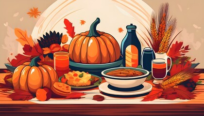 Thanksgiving Day Background with Many Foods. Happy Halloween Thanksgiving October Ideas for Graphical Resources Flat Vector Design