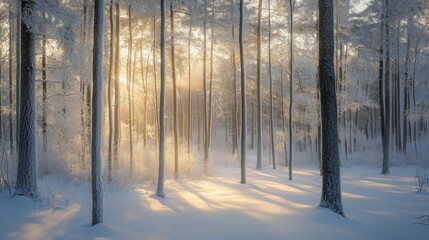 Naklejka premium A serene winter forest scene, with tall trees framed by soft snow and golden sunlight breaking through the branches.