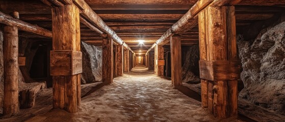 Gold mine interior showcasing wooden supports balancing the weight of centuries-old tunnels