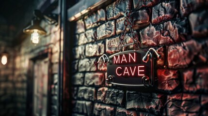 A brick wall with a neon sign that says Man Cave