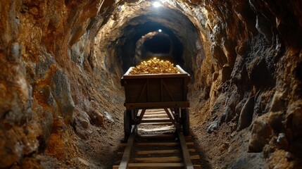 Old wooden beams balancing in a narrow gold mineshaft with a cart of gold ore ready to emerge