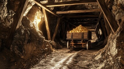 Obraz premium Old wooden beams balancing in a narrow gold mineshaft with a cart of gold ore ready to emerge