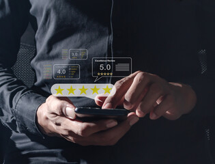 Excellence Review, Young Man hand using smartphone mobile touch five star to review and give 5 stars with very good results in service, Good review 5 star rating choice feedback