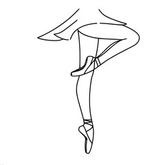 Line drawing of graceful ballerina legs in pointe shoes, in dance pose with one leg raised and bent at the knee, conveying the elegance and discipline of ballet, single line contour vector drawing