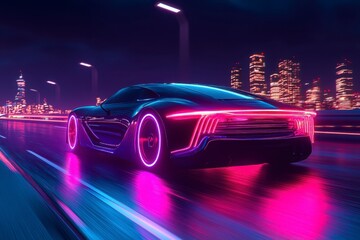 Fototapeta premium Futuristic Car Speeding Down Neon-Lit Highway at Night