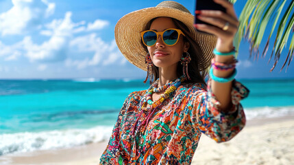 Vibrant young woman taking a selfie at the beach, wearing a colorful shirt and large sun hat against ocean backdrop