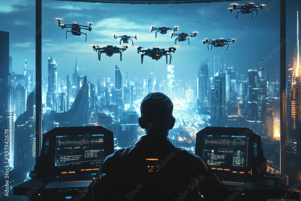 Aufkleber The drone pilot skillfully manages a fleet of sleek drones using a touchpad in a high-tech control center with a city skyline backdrop. Generative AI