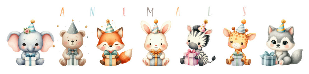 Watercolor forest animal. Decoration nursery kids Birthday girl party Print for invitation card Baby shower Poster Template. © ku4erashka