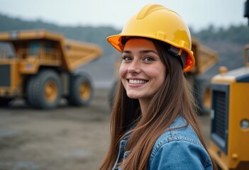 Smiling woman in a hard hat at a construction site
