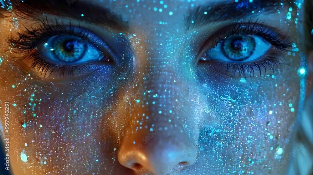 Poster a woman gazes directly at the viewer, her face illuminated by glowing blue dots, creating an etherea