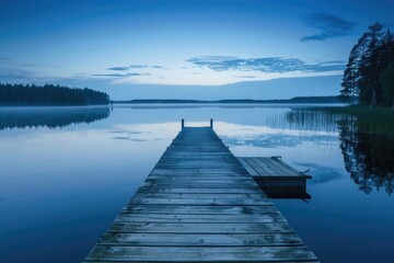 Peaceful Reflection. Finnish Lake Landscape with Wooden Pier at Evening