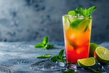 Mint Tequila Sunrise with extra mint leaves and lime, served in a tall glass, cool and refreshing background, copy space