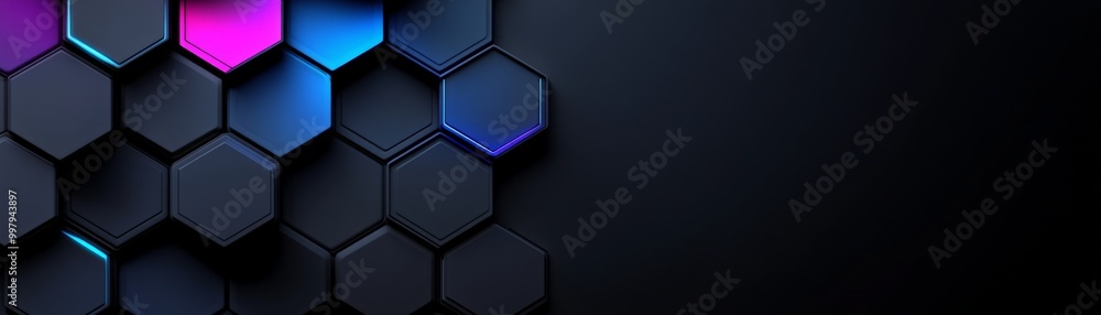 Poster abstract hexagon pattern: glowing neon colors on dark background