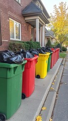 Different types of garbage bags and waste bin,recycling and separate waste collection concept,Set of red green,blue buckets for trash with sign arrow,full waste bin at clean modern house.
