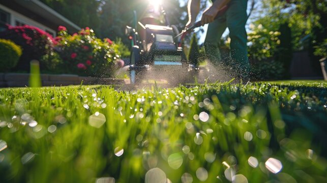 Seeding Grass. Man Spreading Fertilizer and Seed on Residential Backyard Lawn