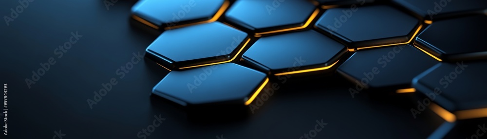 Poster abstract hexagon network: dark blue and gold hexagons form a complex, interconnected network, creati