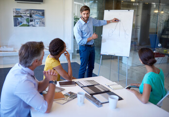 Obraz premium Business, man and writing presentation in office with whiteboard, proposal planning and ideas for project. Speaker, people and meeting for financial growth, investment and feedback solution of pitch