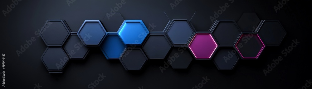 Poster hexagon pattern: an abstract pattern of black, blue and pink hexagons set against a dark background,