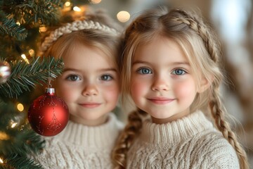 Cute little girls with Christmas baubles near Christmas tree indoors