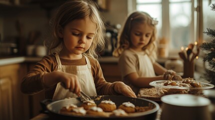 Two young girls decorate cookies in a cozy kitchen, embodying the joy of baking and family traditions during a festive occasion.