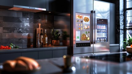 Smart Kitchen: Modern, sleek, and connected, this image showcases a contemporary kitchen equipped with a state-of-the-art smart refrigerator. The minimalist design, sleek stainless steel finishes.