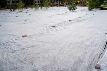 In the park, the ground is unfortunately covered in a significant amount of plastic waste, which...