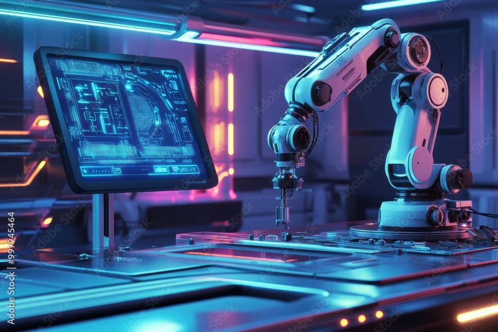 Poster a robotic arm skillfully assembles complex machinery in a sleek lab filled with advanced technology 