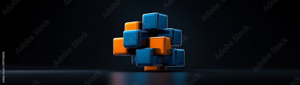 Poster abstract cube structure: a mesmerizing 3d abstract composition of blue and orange cubes interlocked 