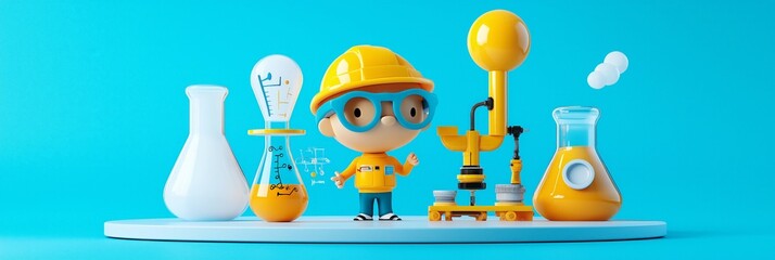 A cheerful cartoon character in a lab, wearing a hard hat and glasses, surrounded by colorful science equipment on a bright background.