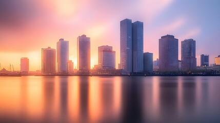 Rotterdam Skyline at Sunset with Reflections on the Water.