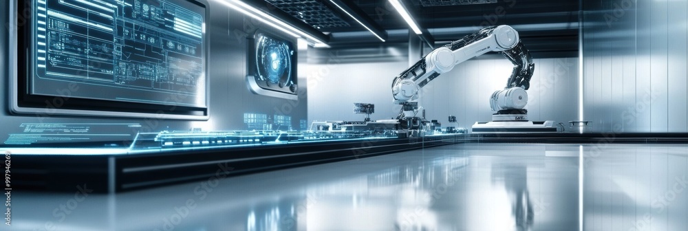 Aufkleber the robotic arm works meticulously to assemble complex machinery in a sleek, futuristic laboratory f