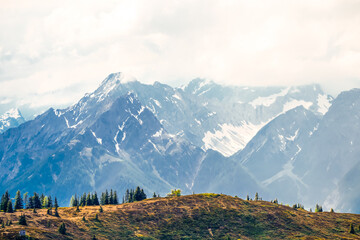 Landscape at the Wiedersberger Horn in the Alpbachtal. View of nature and the mountains and the Zillertal Alps near Alpbach in Austria.
