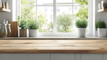 Bright kitchen countertop with natural light and potted plants in the background during a sunny afternoon