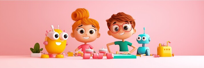 Naklejka premium Playful children engaging with colorful toys in a creative setting. Bright colors and cheerful atmosphere inspire imagination.