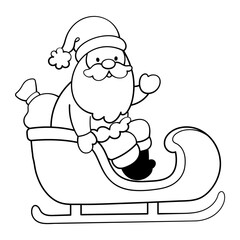 Cute Santa Claus in a sleigh with a bag of gifts on white background. For printable children's coloring pages or books, toddler activities.