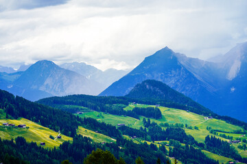 Obraz premium Landscape at the Wiedersberger Horn in the Alpbachtal. View of nature and the mountains and the Zillertal Alps near Alpbach in Austria. 