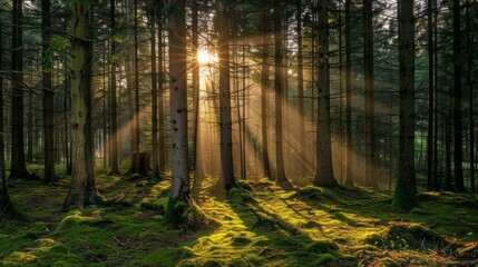 Obraz premium The sun is shining through the trees, casting a warm glow on the forest floor