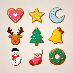 Cute cartoon Christmas cookies, including hearts, pentagrams, Christmas trees, moon, dolls, bells, snowmen, deer, socks, donuts, white background flat