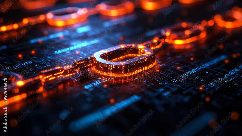 Poster blockchain technology enhancing document integrity with advanced ai algorithms - glowing chain illus