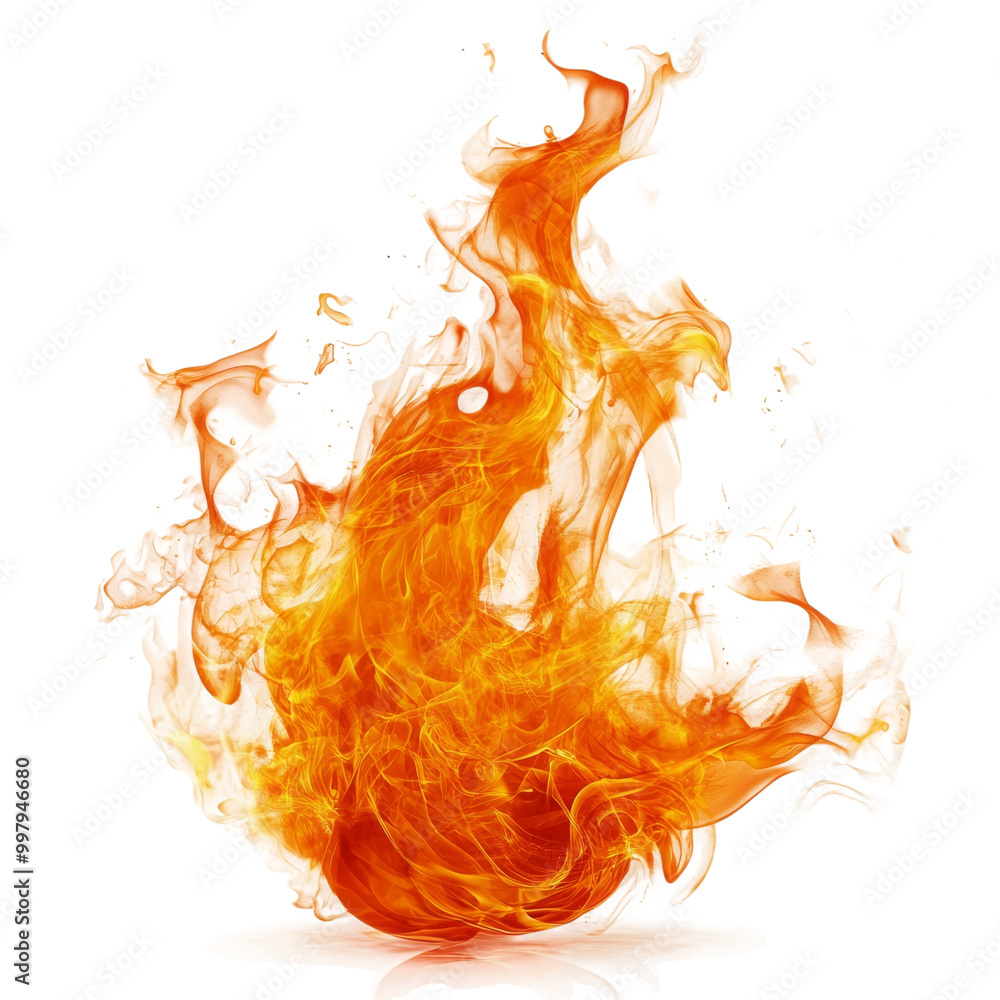 Poster dynamic orange flames emanating from a round base with smoke trails on a transparent background