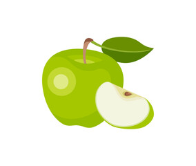 Green apple with leaf and slice isolated on white background. Vector cartoon flat illustration. Fresh fruits icon. 