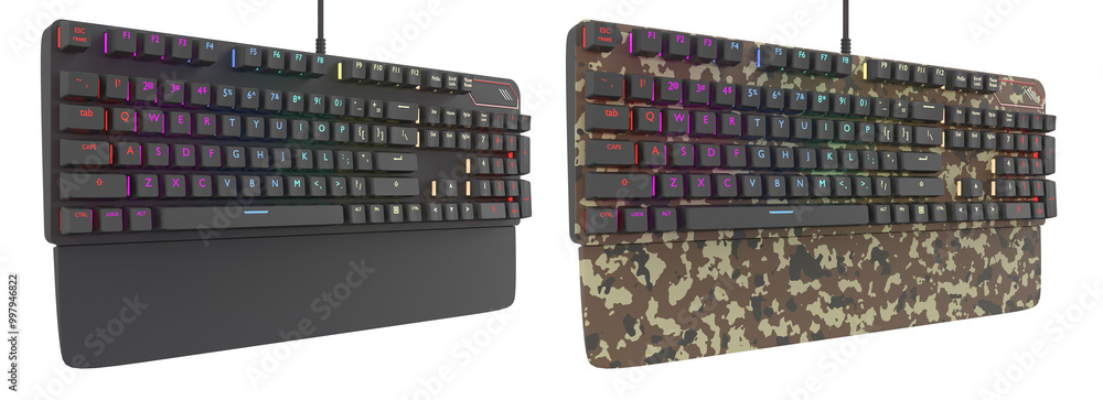 Poster collection of mechanical keyboards isolated on white background with clipping path. 3d rendering of 