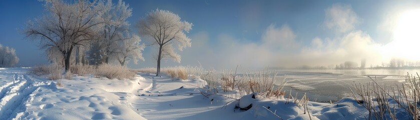 Obraz premium A snowy landscape with a path leading to a body of water