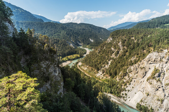 View into the Rhine Gorge, Ruinaulta, viewpoint between Reichenau and Ilanz, Anterior Rhine, Vorderrhein, Bonaduz, Canton of Grisons, Switzerland